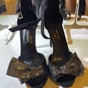 Nine West Black Heels with Gold Bow Accent